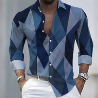 New men's artistic printed long-sleeved shirt, retro color-blocked design, casual shirt, versatile and stylish top for commuting