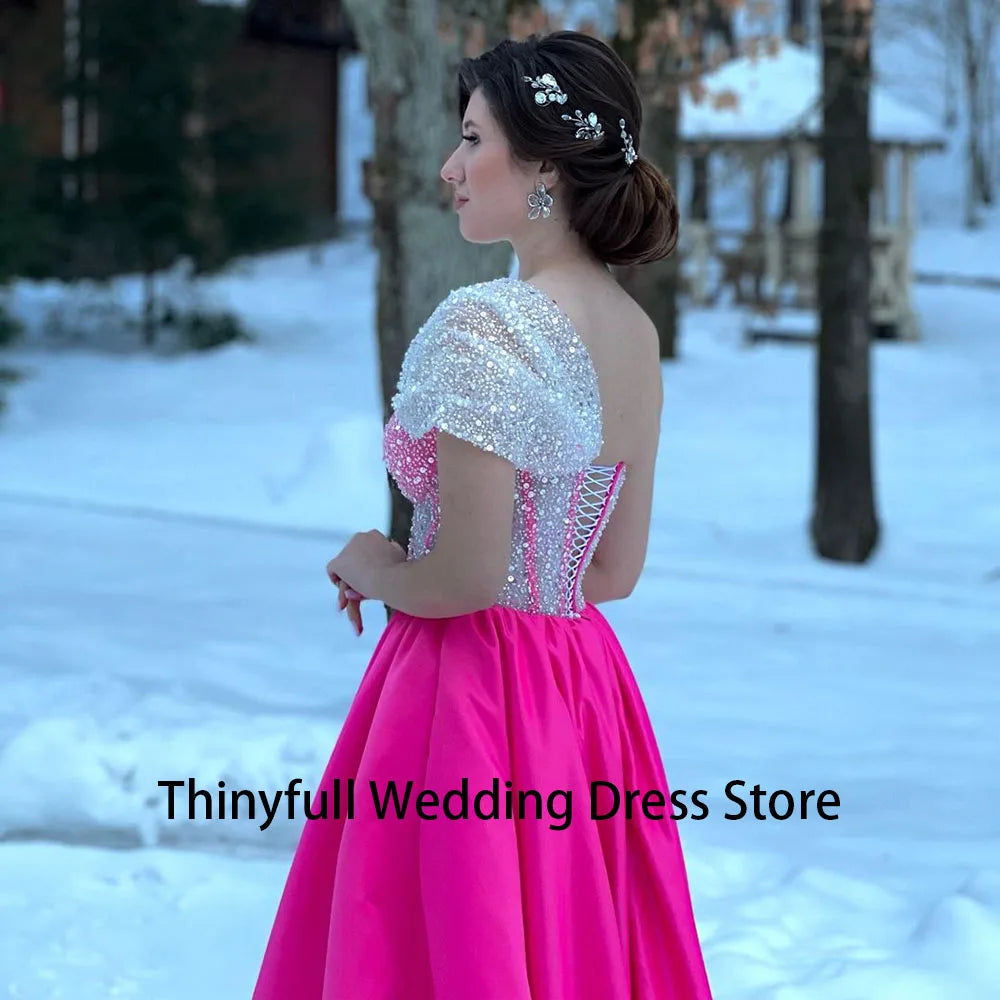 Thinyfull Pink A Line Evening Party Dresess Sequins Corset Sweetheart Wedding Prom Gowns Sexy Leg Split Celebrate Occasion Dress