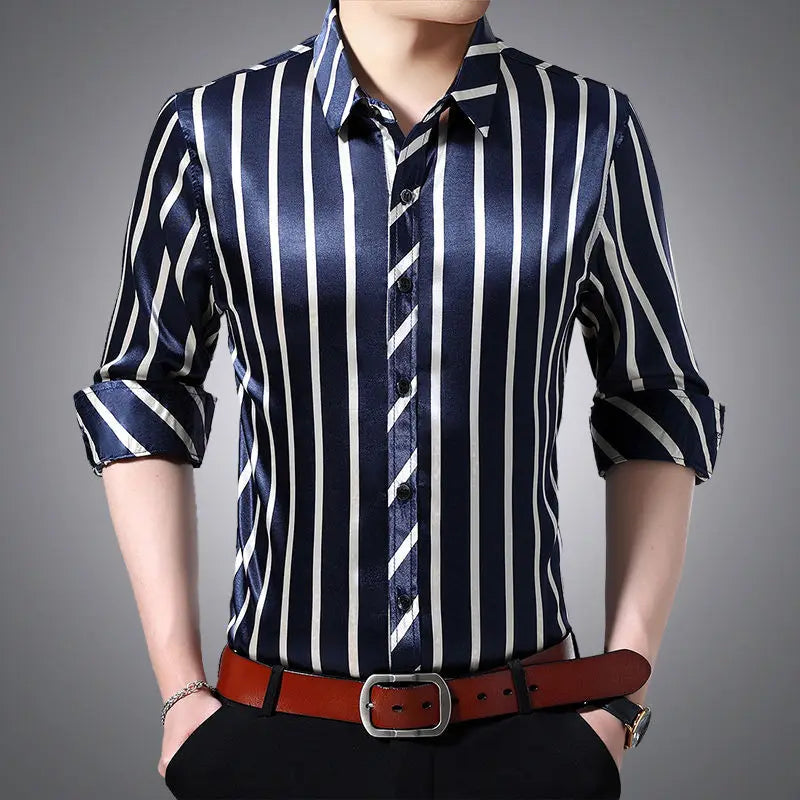 Streetwear Fashion Men Silk Smooth Shirt Spring Autumn New Male Clothes Business Casual Vintage Long Sleeve Basic Casual Tops