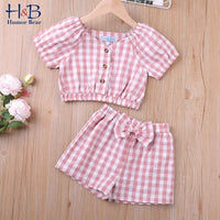 Humor Bear  Summer Girl Clothes Sets 2Pcs Fashion Navy Short Sleeve +Pleated Skirt Kids Clothes Suit Cute Toddler Clothes