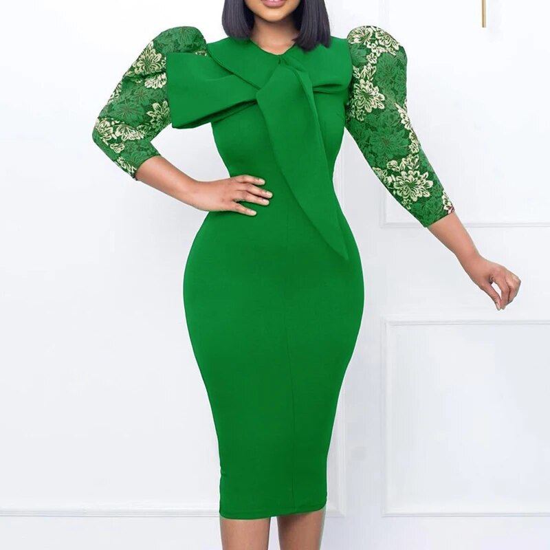 Fashion Church Dresses Women Elegant Casual Office Dress Printed Puff Sleeve Ladies Knee Length Formal Dress with Bow Tie Fashion Church Dresses Women Elegant Casual Office Dress Printed Puff Sleeve Ladies Knee Length Formal Dress with Bow Tie