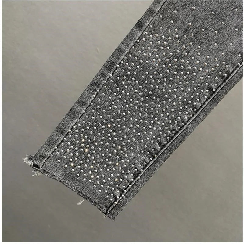 Women's Jeans 2025 Summer New Elastic Slim Heavy Industry Hot Diamond Small Foot Pencil Pants Female Casual Denim Trousers