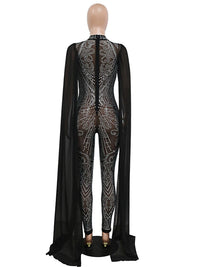 Sexy Beautiful Cape Sleeve Mesh Crystal Jumpsuits Women Rompers Luxury See-Through Outfits