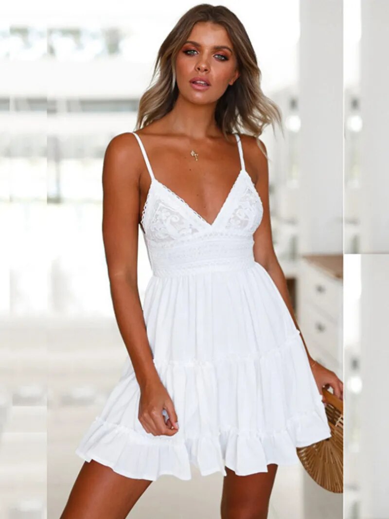 Women Summer Spaghetti Strap Ruffles New in Dress Sleevesless Party Sundress Loose Casual Chic Dresses Soild Beach Vestidos 2023