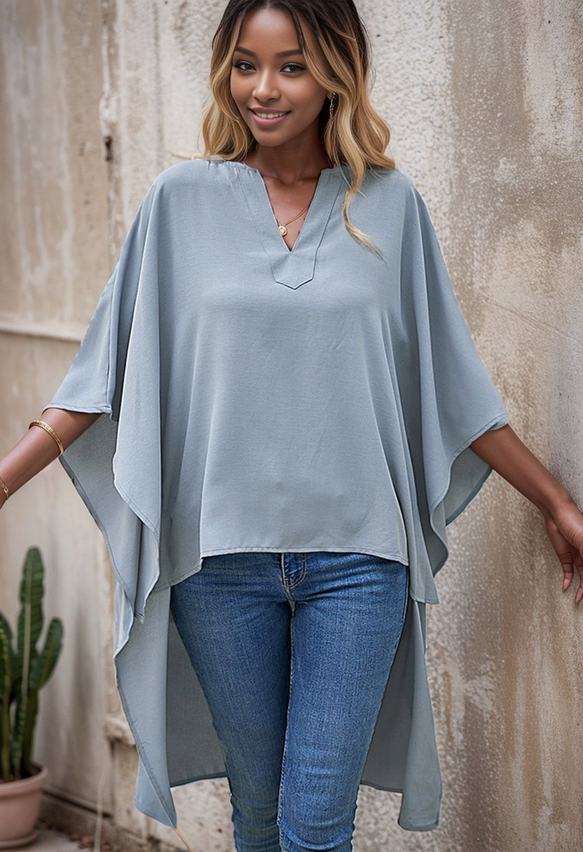 Summer Chiffon Shirt Loose Fashion V Neck Hem Short Sleeve