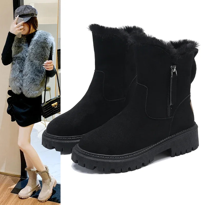 Snow Boots Women 2023 Winter Warm Fashion Designer Platform Boots Gladiator Non-slip Short Plush Flats Suede Shoes Mujer