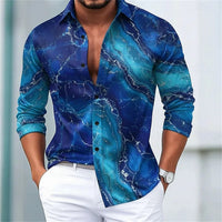 Men's blue and gold marble print long-sleeved shirt. Fashionable casual design, slim fit for banquets and business suits. XS-6XL
