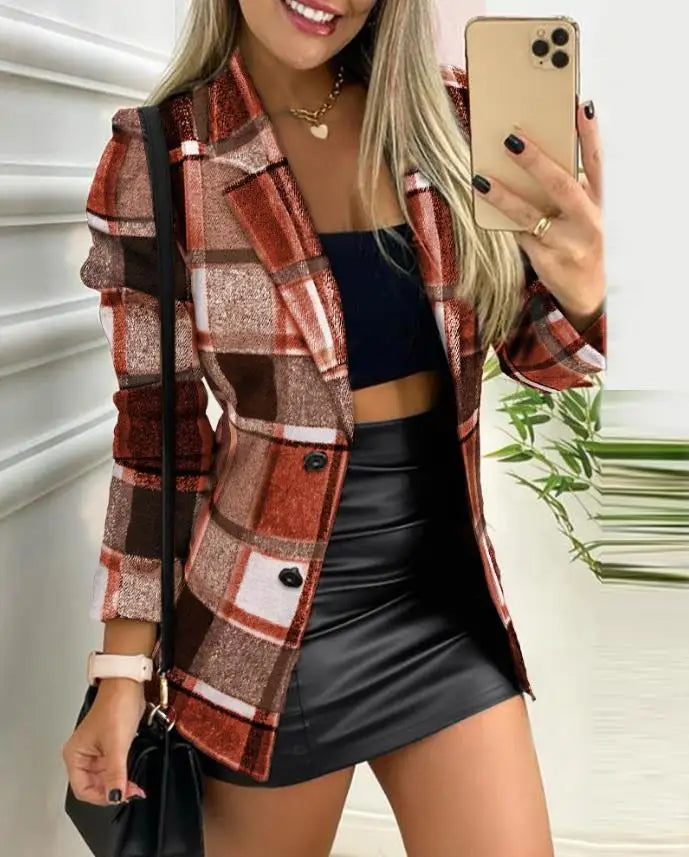 Plaid Print Button Front Long Sleeve Coat Casual Work Office Jacket Office Lady Outfits Autumn and Winter Women's Fashion Coat