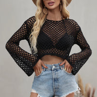 Women Wool Knitwear Solid Color Mesh Round-Neck Long Sleeve Knitted Pullover Tops For Ladies 5 Colors Beachwear Bikini Cover Up