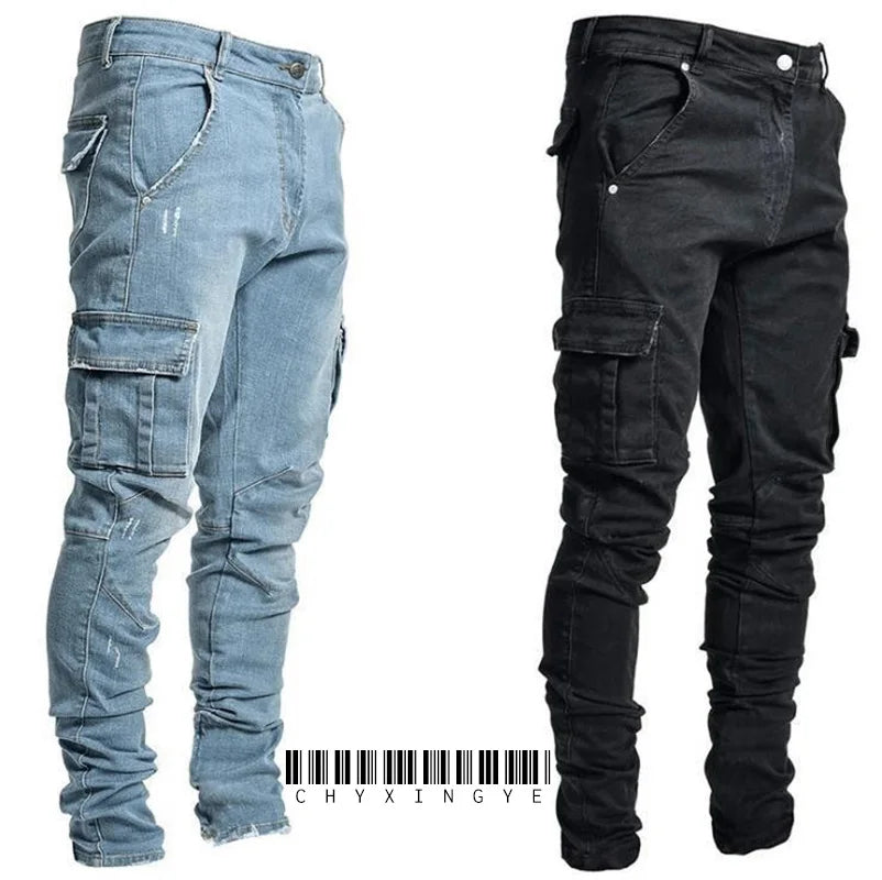 Jeans Men Black Cargo Pants Multi Pockets Denim Pantalones Blue Slim Fit Overol Hombre Fashion Casual Streetwear Trousers 3XL