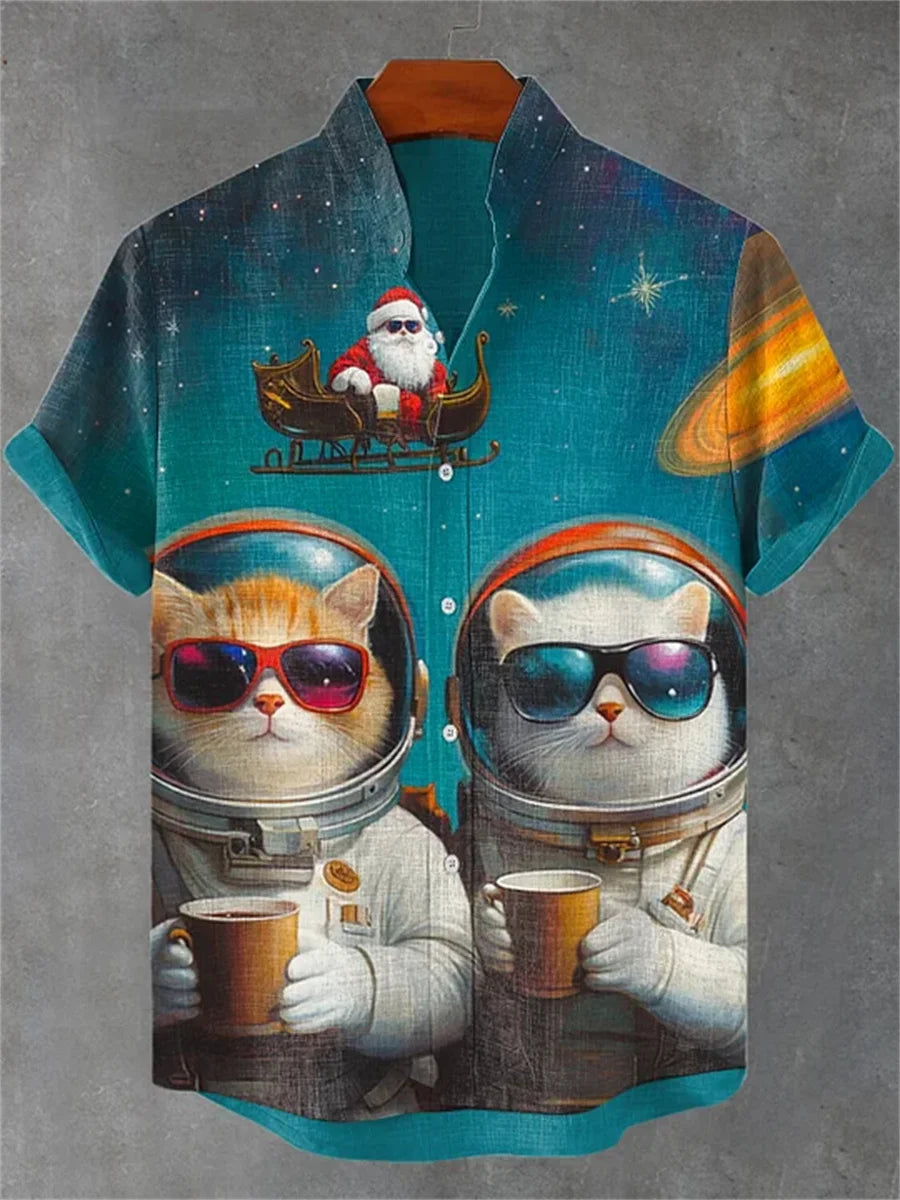 Men's Cat Print Short-Sleeve Shirt, Stand Collar Retro Casual Top, Breathable Slim Fit Shirt, Outdoor Casual Hawaiian Shirt
