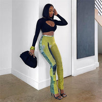 Mesh Print Aesthetic Women Pants Y2k Streetwear High Waist Micro Flared Slim Fit Trousers Casual Fashion Party Clubwear