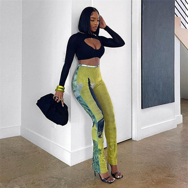 Mesh Print Aesthetic Women Pants Y2k Streetwear High Waist Micro Flared Slim Fit Trousers Casual Fashion Party Clubwear