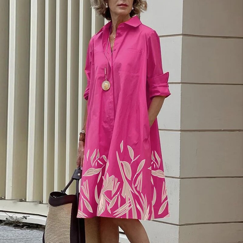 Elegant Solid Shirt Dress Women 2023 Turn Down Collar Long Sleeve Midi Dresses Spring Ladies Commute Casual Loose Pocket Blouses