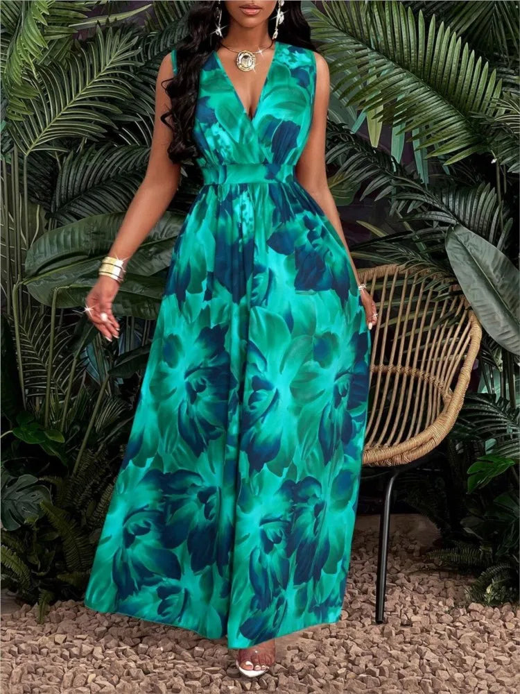 New Fashion Temperament Print Waist Cinching Dress Summer Elegant V-neck Sleeveless Vacation Style Long Printed Dress For Women