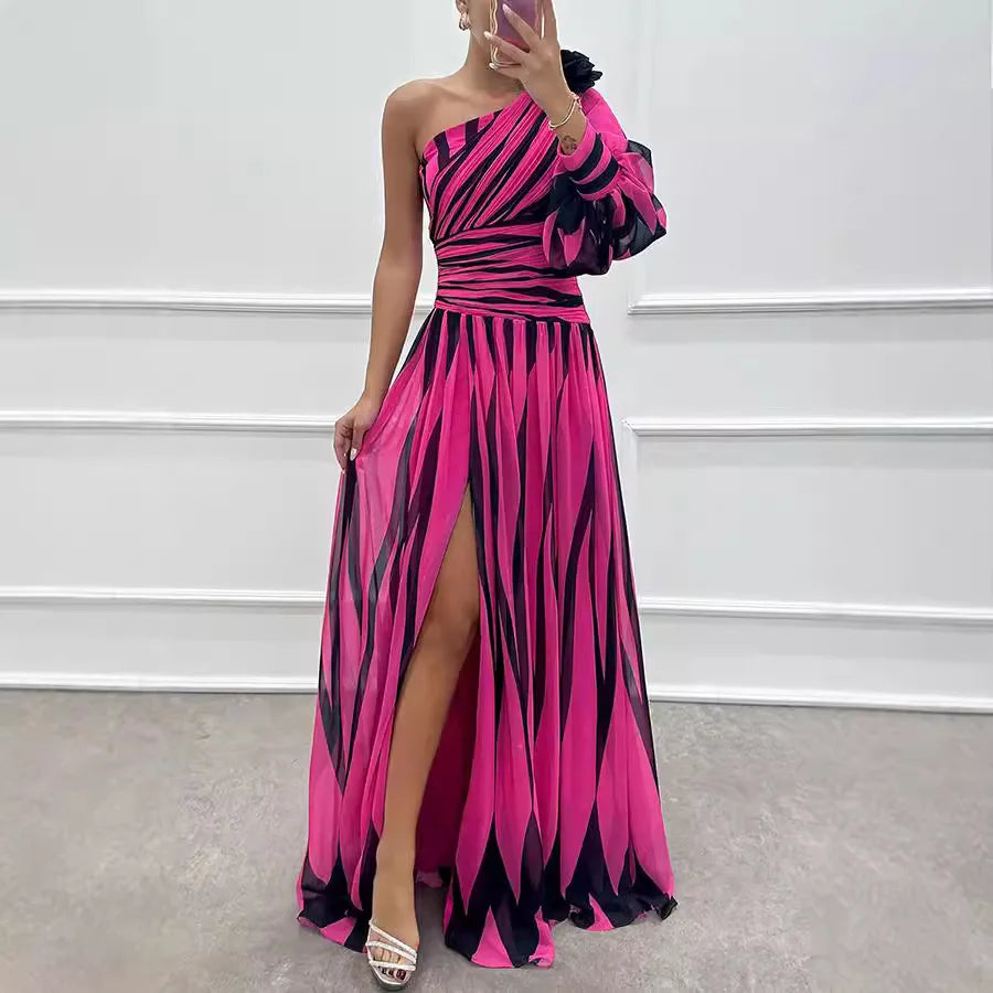 Dress Long Dress 2024 Spring and Autumn New Temperament Fashion Printed Slant Shoulder Split Dress Ins Casual Loose Party Dress Dress Long Dress 2024 Spring and Autumn New Temperament Fashion Printed Slant Shoulder Split Dress Ins Casual Loose Party Dress