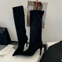 Brown Boots Knee High Long Shoes Woman Pointed Toe High Heels Suede Boots Autumn Winter Black Shoes 2025 New Arrival