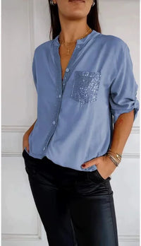 Women Pocket Sequined Blouse Shirts Summer Casual Female Button Lantern Sleeve Bling OL Workwear Blouse Tops 2025