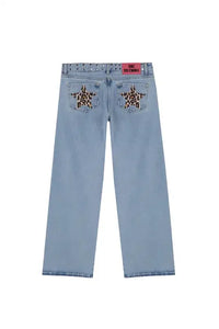 ONE DILEMMA American Fashion Jeans Womens Red Five Pointed Star Sequined Rivet Baggy Jeans Y2K Casual Mid Rise Slim Trousers