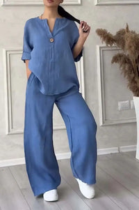 Women's Cotton and Linen Pants Suit Casual Solid Pullover Pants 2-piece Set White Pink Simple Wide Leg Pants Two Piece Set Suits