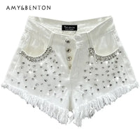 Diamond-Embedded Denim Shorts Women's Fashionable 2023 New Summer High Waist Loose Slimming Raw Hem Wide Legs Short Hot Pants