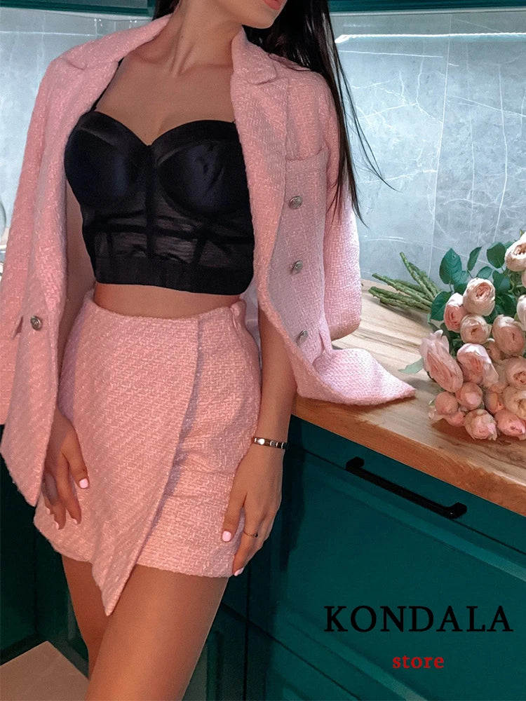 KONDALA Chic Pink Blazer Office Lady Fashion 2023 Plaid Oversized Long Jackets Women Long Sleeve Double Button Pockets Tops