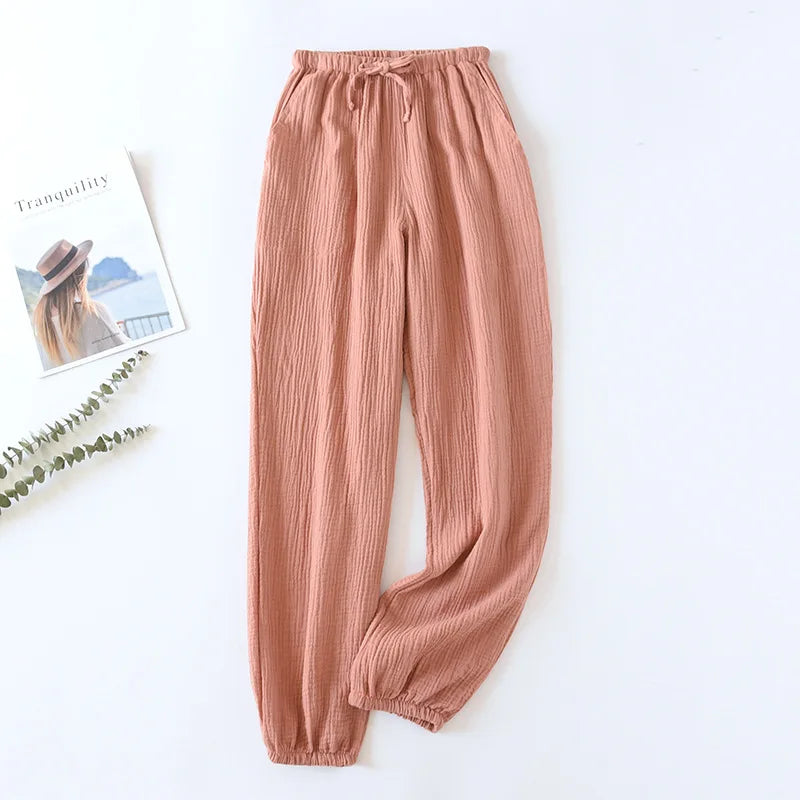 Japanese-style New Spring And Summer Women's Trousers 100% Cotton Crepe Cloth Large Size Color Tie Pants Casual Pants Home Pants
