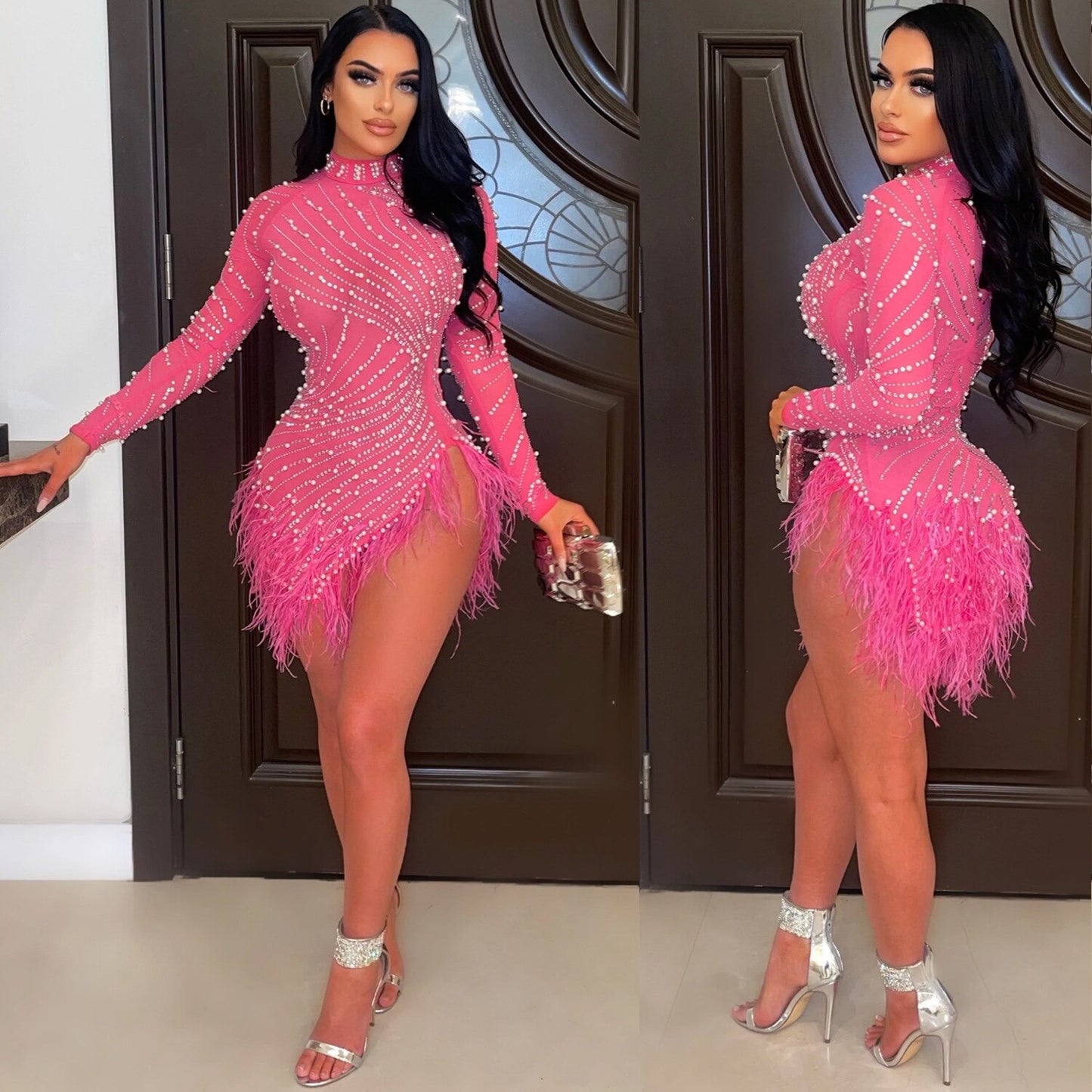 Sexy Glitter Dress Women Rhinestone Hot Drilling Long Sleeve Dress Mesh See Through Tassels Bodycon Party Club Night Mini Dress