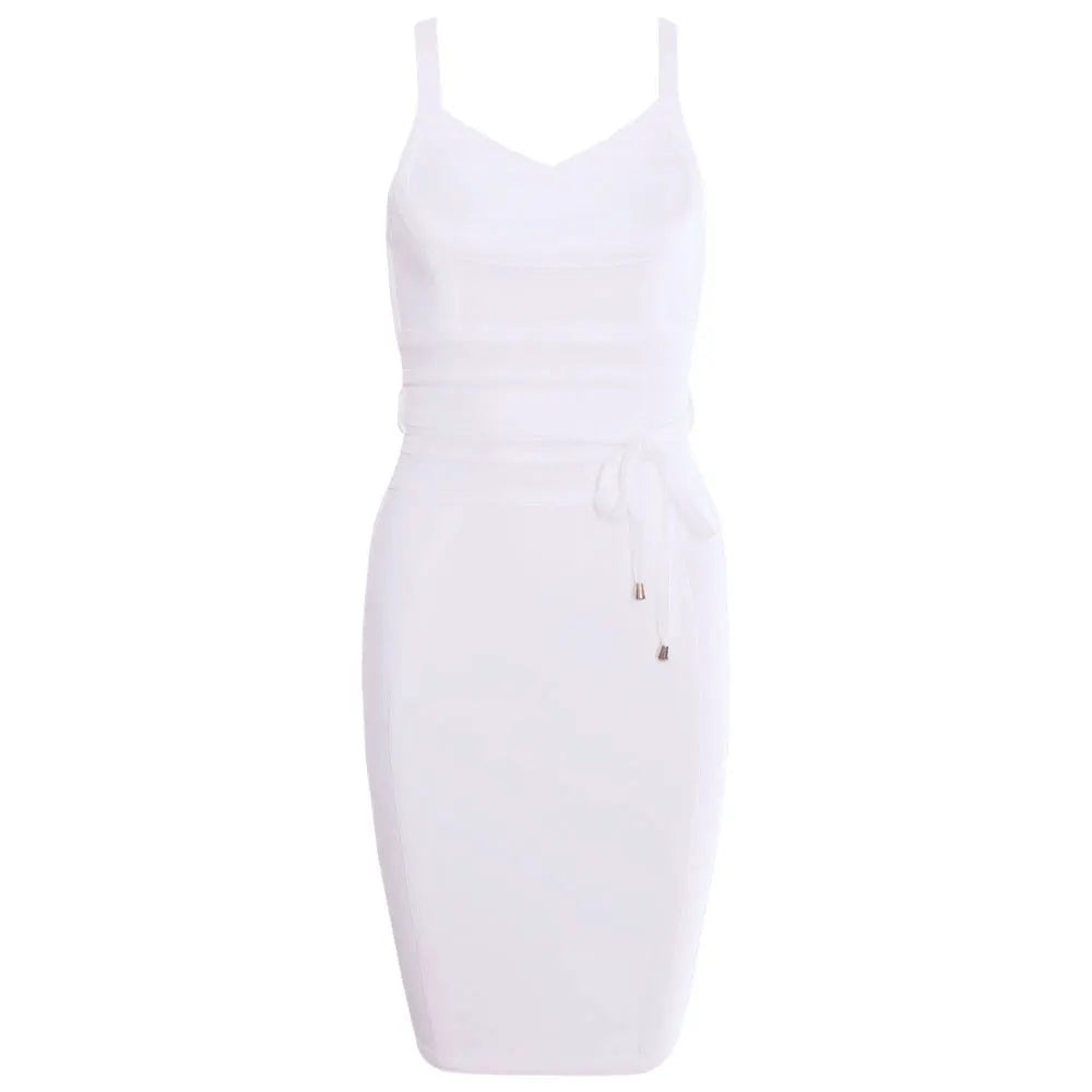 2024 women white summer mid-length dress Sexy Lady Belt Spaghetti Strap Bandage Dress Party Club V Neck  Bodycon