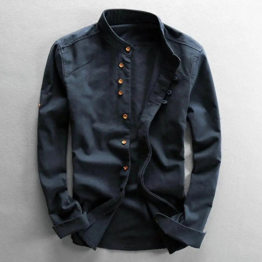 Men's Retro Buckle Long Sleeved Shirt 2025 Spring Autumn Casual Linen Buttoned Shirt Slim Fit Stand Up Collar Shirt Jacket