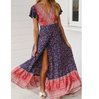 Deep V Neck Summer Maxi Dress Women Floral Print Bohemian Lace Up Split Dresses Elegant Ruffle Short Sleeve Beachwear Vestidos