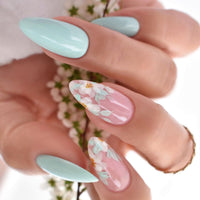 24pcs/Box Fresh Floral Almond False Nails Press On Nails Detachable Fake Nail Tip Purple with Design Manicure Patches