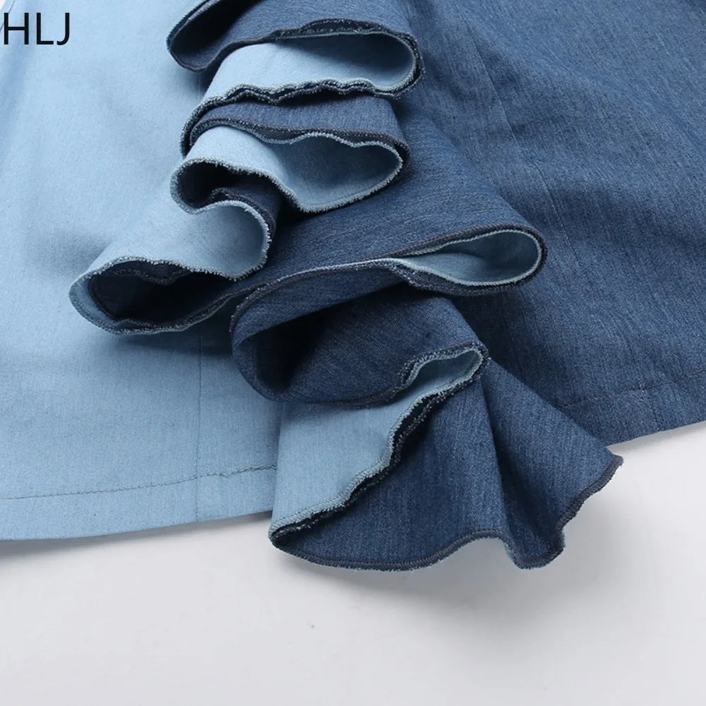 Fashion Denim Patchwork Ruffled Design Mini Dresses Women Off Shoulder Sleeveless Bodycon Vestidos Sexy Female Streetwear