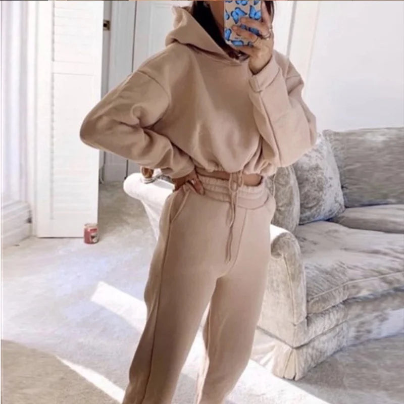 2025 Autumn Winter Women Sweatshirt Set Solid Color Casual Simple Hooded 2 Piece Outfit Set Fashion Gym Jogging  Woman Pant Sets