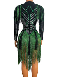 Sparkly Rhinestones Tassel Leotard Sexy Dance Costume Crystals Black Green Fringes Bodysuit Nightclub Outfit Show Stage Wear