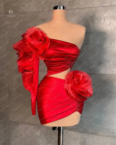 Luxury Red Short Floral Evening Dresses One Shoulder Long Sleeves Ruffles Mini Length Mini Length Satin Prom Dressing Gown