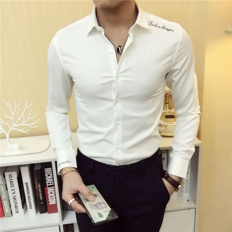 2023 Spring and Autumn Men's Solid Color Slim Fit Button Embroidery Letters Casual Fashion Elegant Commuter Long Sleeve Shirt