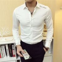2023 Spring and Autumn Men's Solid Color Slim Fit Button Embroidery Letters Casual Fashion Elegant Commuter Long Sleeve Shirt