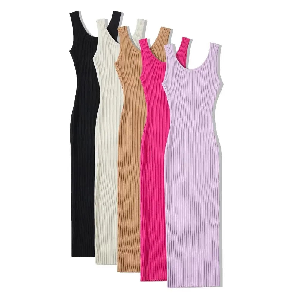 Women Backless Sleeveless Midi Dress Summer Knitted Elegant 5 Colors Elastic Slim Dresses