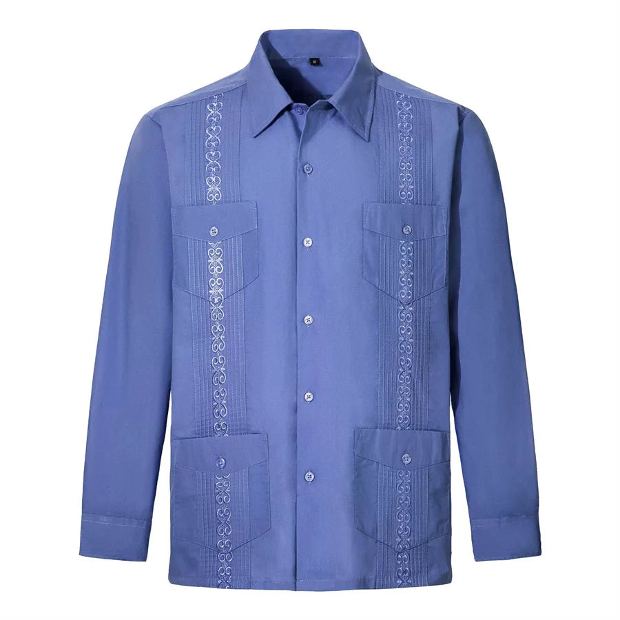 2026 New Men's Guayabera Shirts Four Pockets Embroidered Long Sleeve Shirts for Men Blue Mexican Cuban Button Dress Shirt