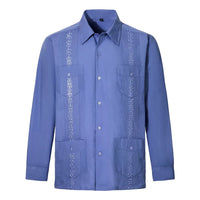 2026 New Men's Guayabera Shirts Four Pockets Embroidered Long Sleeve Shirts for Men Blue Mexican Cuban Button Dress Shirt