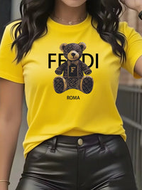 summer Graphic T-Shirt Short Sleeve Crew Neck with Soft Comfortable Spring Women's Light Blue Casual Teddy Bear