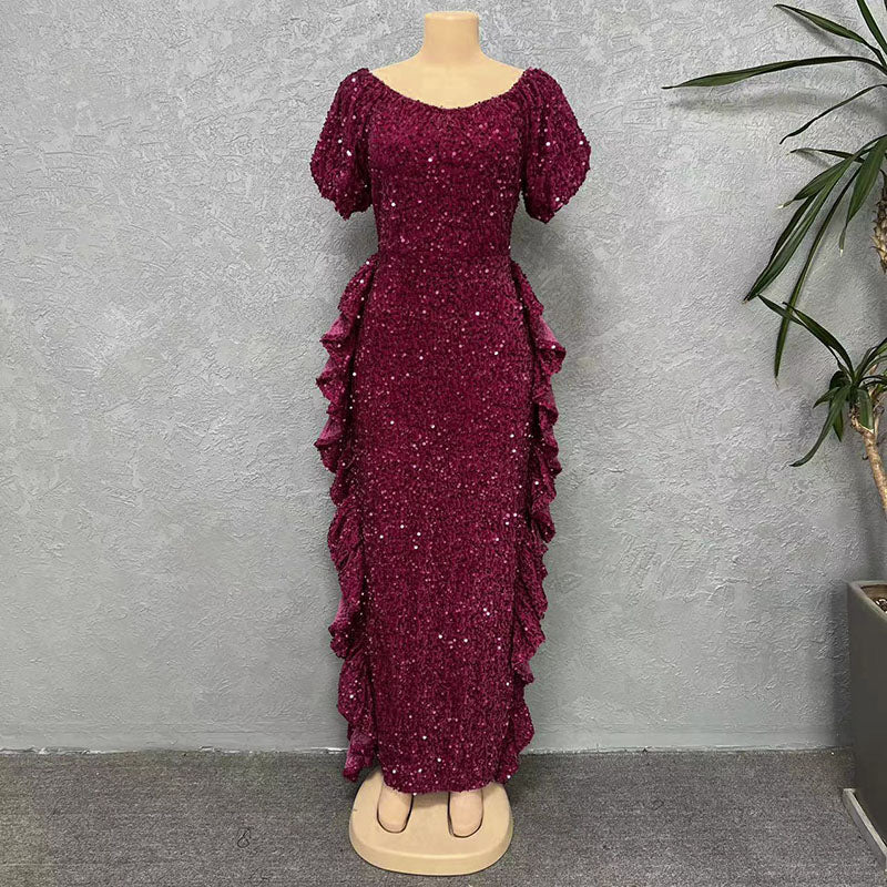 Off Shoulder Sequin Sexy Formal Party Long Dresses Women Bodycon Tiered Ruffle Elegant Evening Mix Dress NightClub Prom Gowns