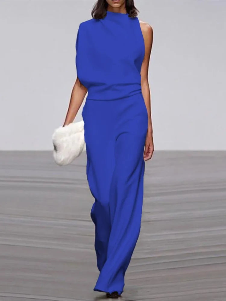 Spring And Summer Simple Solid Color Fashion One-shoulder Pile Collar Jumpsuit British Style Mid-waist Pleated Hollow Jumpsuit