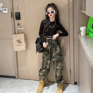 Hip Hop Children's Clothes Sets for 6-13t Girls Slim Sweatshirt + ribbons Pocket Cargo Pants camouflage overalls 2pcs Sweat Suit