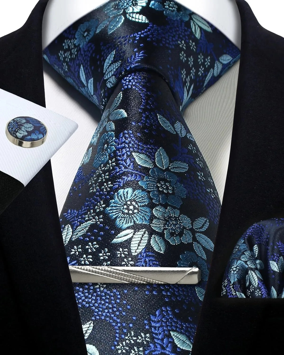 Mens Tie Set Silk Silver Paisley Floral Necktie and Pocket Square Cufflinks Tie Clip Classic Formal Ties for Men Wedding Party