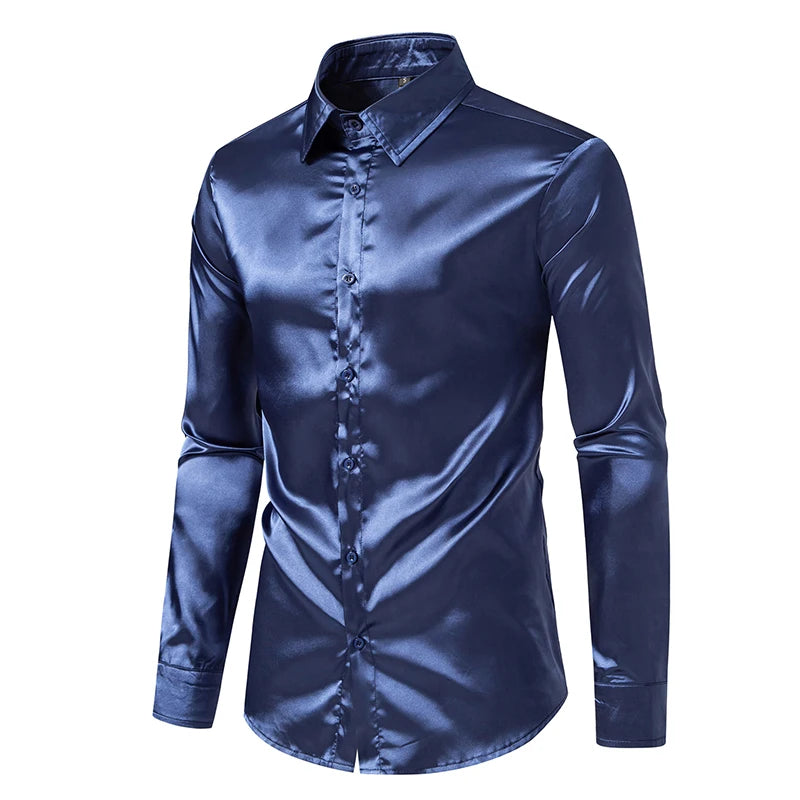 Men's Black Satin Luxury Dress Shirts Fashion Silk Smooth Tuxedo Shirt Solid Wedding Party Prom Casual Shirt Business Office