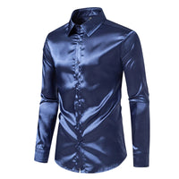 Men's Black Satin Luxury Dress Shirts Fashion Silk Smooth Tuxedo Shirt Solid Wedding Party Prom Casual Shirt Business Office