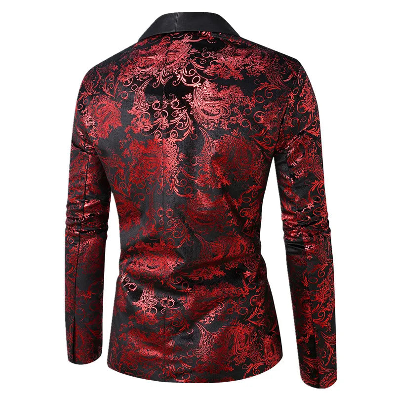Burgundy Men's Long-sleeved Suit Jacket, Purple Printed Black Collar Single-button Coat, Wedding/Party/Stage Performance Blazers