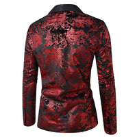 Burgundy Men's Long-sleeved Suit Jacket, Purple Printed Black Collar Single-button Coat, Wedding/Party/Stage Performance Blazers